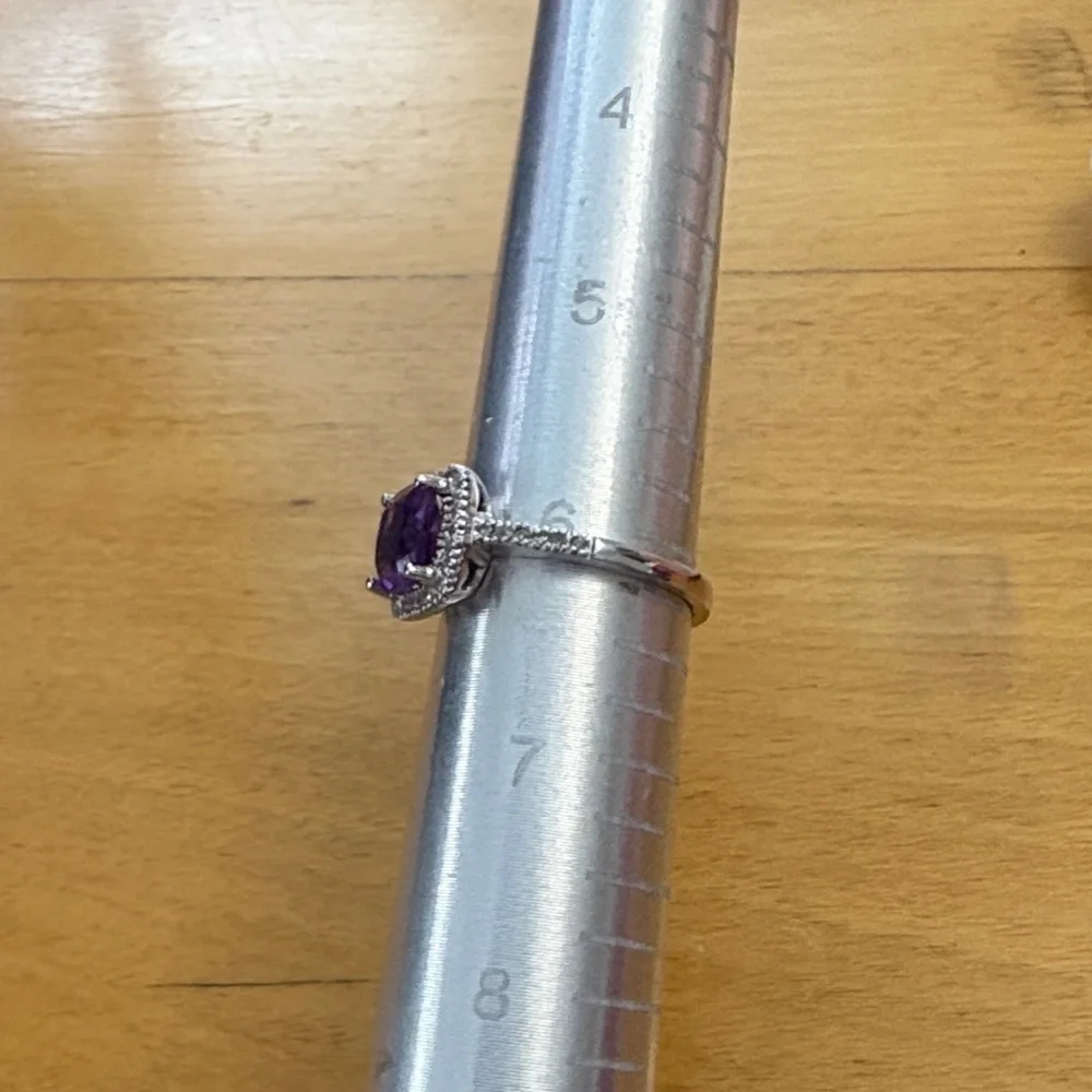 10kt White Gold Cushion Cut Genuine Amethyst and Diamond Halo Ring Size 6 - Picture 9 of 13
